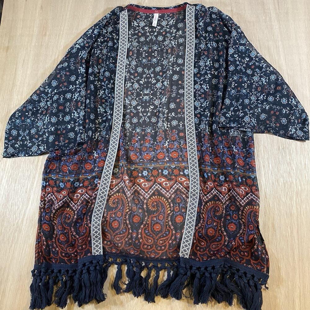 Xhilaration Sheer Kimono Fringed Boho Embroidered Festival Hippie Duster Size M